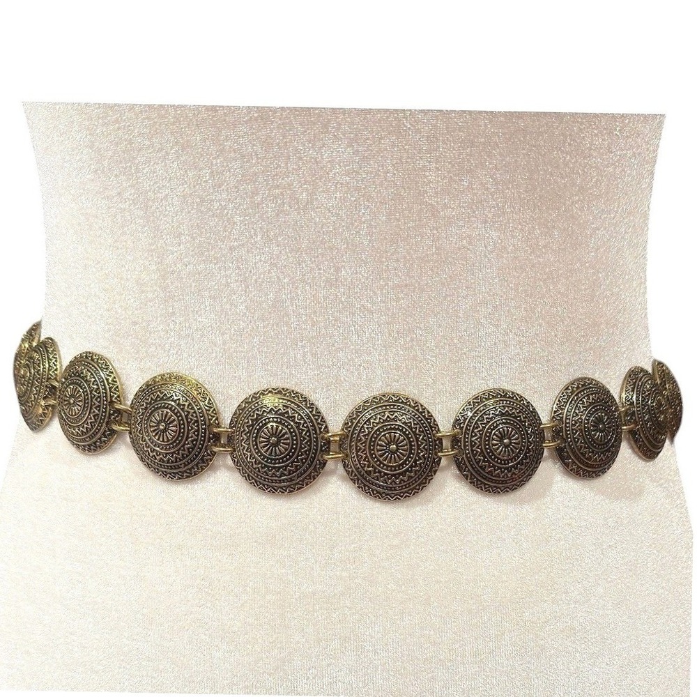 Vintage Antique Gold Etched Medallion Coin Chain Belt Festival Boho Motion East